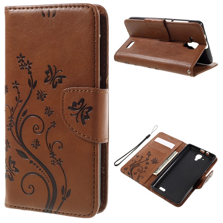 Imprint Flower Butterfly Leather Wallet Case Protector for Lenovo A536 - Brown-1
