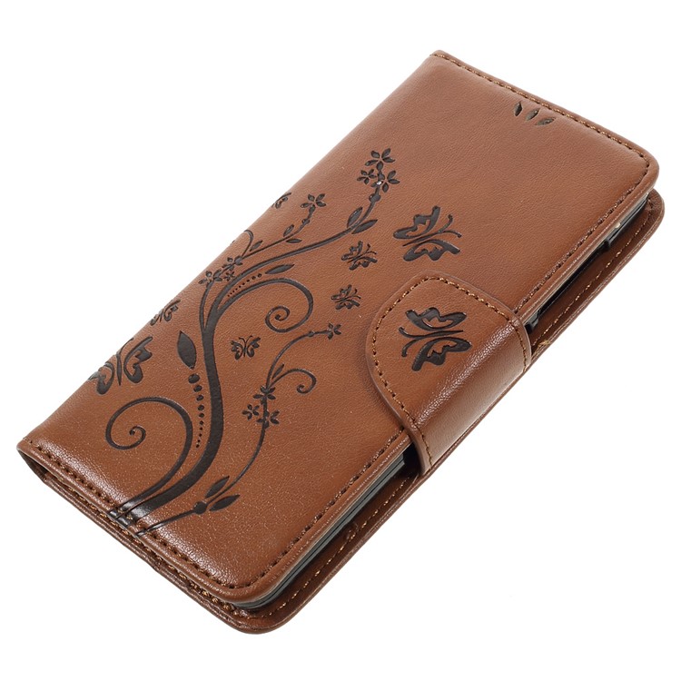 Imprint Flower Butterfly Leather Wallet Case Protector for Lenovo A536 - Brown-3