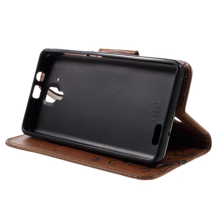Imprint Flower Butterfly Leather Wallet Case Protector for Lenovo A536 - Brown-4