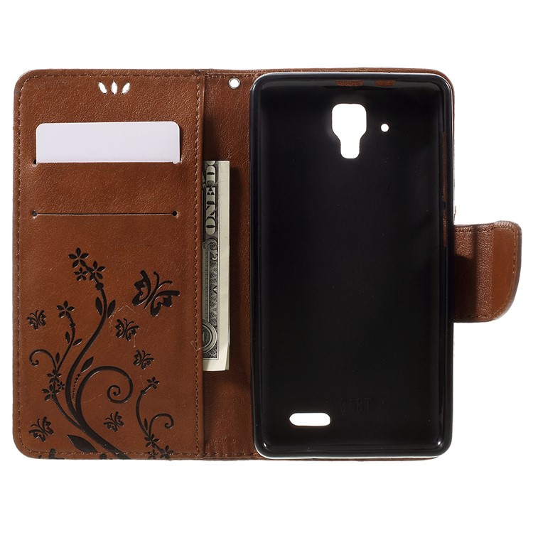 Imprint Flower Butterfly Leather Wallet Case Protector for Lenovo A536 - Brown-6
