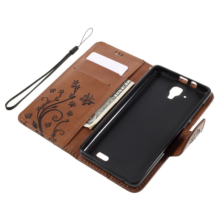 Imprint Flower Butterfly Leather Wallet Case Protector for Lenovo A536 - Brown-7