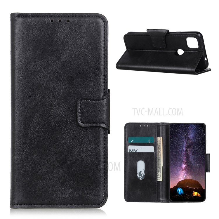 Bi-Color Crazy Horse Skin PU Leather Phone Cover TPU Shell for Motorola Moto G9 Power - Black-1