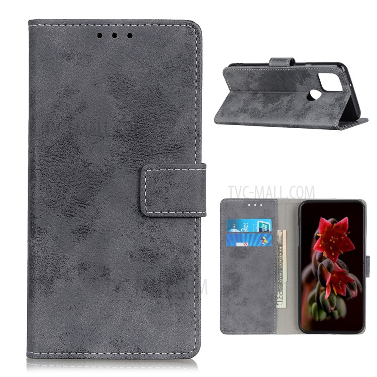 Wallet Stand Vintage Design PU Leather Phone Case for Motorola Moto G9 Power - Black-1