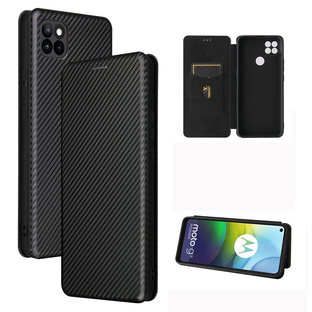 Auto-absorbed Carbon Fiber Leather Case with Card Holder for Motorola Moto G9 Power - Black-1