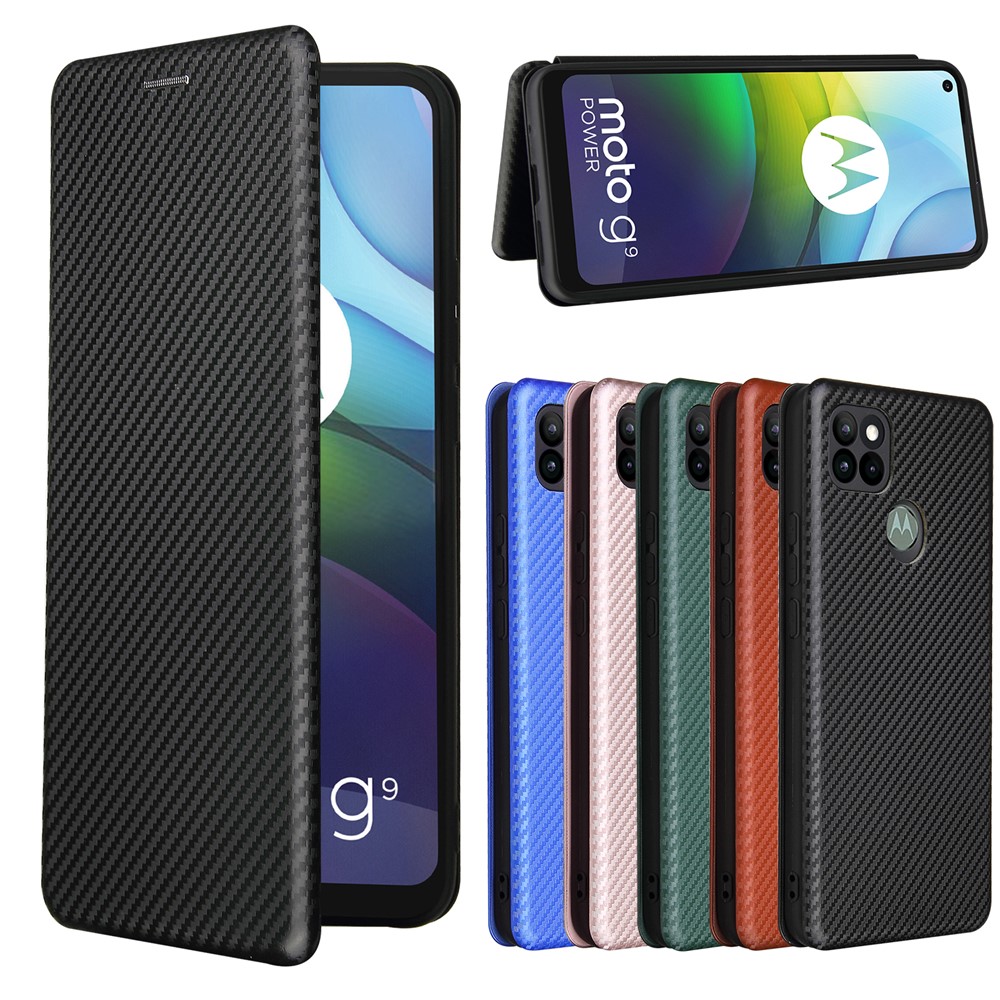 Auto-absorbed Carbon Fiber Leather Case with Card Holder for Motorola Moto G9 Power - Black-21