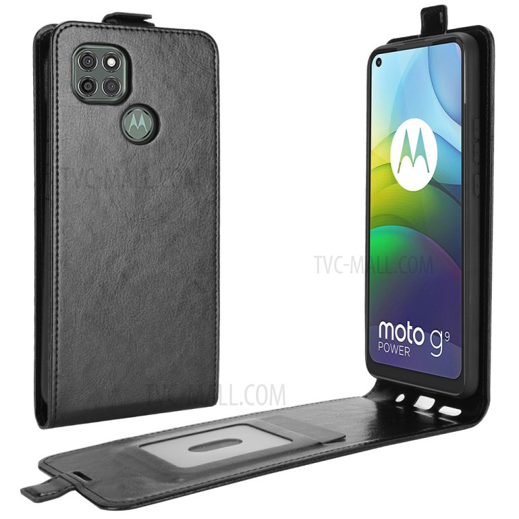 Vertical Flip Crazy Horse Texture with Card Holder Leather Cover for Motorola Moto G9 Power - Black-1