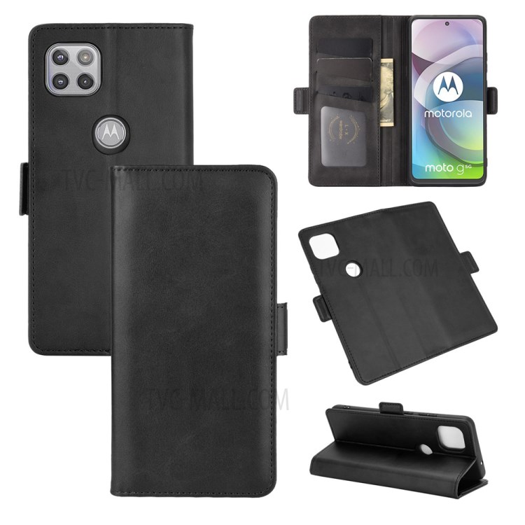 Double Clasp Flip Magnet Leather Phone Cover for Motorola Moto G 5G - Black-5