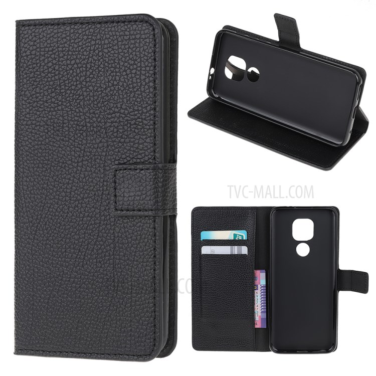 Litchi Skin Wallet Leather Shell for Motorola Moto E7 Protector Flip Cover - Black-1