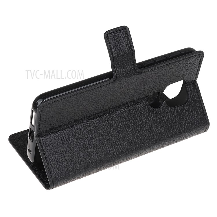 Litchi Skin Wallet Leather Shell for Motorola Moto E7 Protector Flip Cover - Black-4