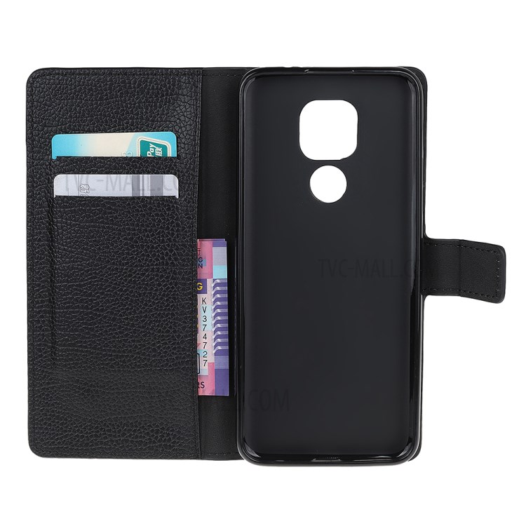Litchi Skin Wallet Leather Shell for Motorola Moto E7 Protector Flip Cover - Black-5