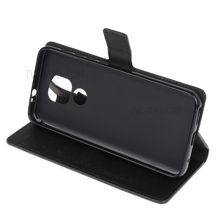 Litchi Skin Wallet Leather Shell for Motorola Moto E7 Protector Flip Cover - Black-6