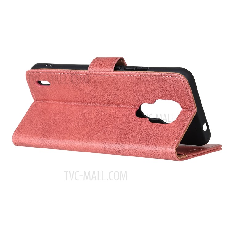 KHAZNEH Retro Style Leather Protector Case Wallet Stand Cover for Motorola Moto E7 - Pink-8