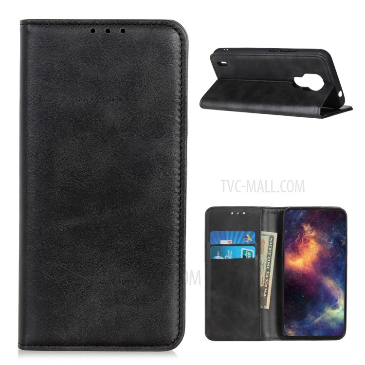 Wallet Stand Split Leather Magnetic Suction Phone Case for Motorola Moto E7- Black-1