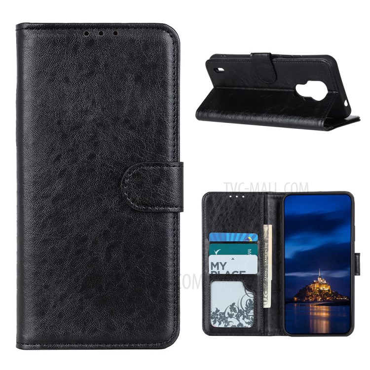 Crazy Horse Texture Leather Shell Wallet Stand Phone Covering for Motorola Moto E7 - Black-1