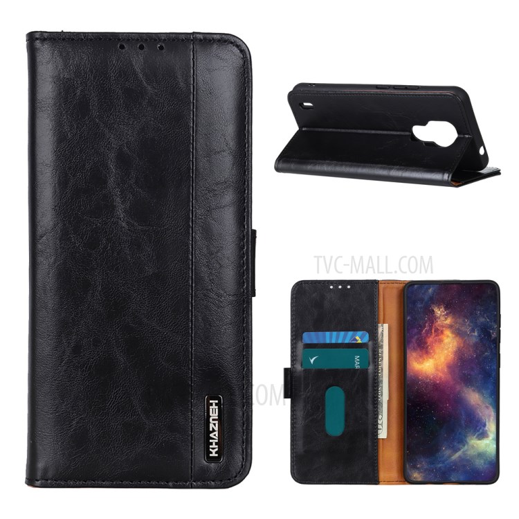 KHAZNEH TPU + PU Leather Wallet Stand Phone Cover Shell for Motorola Moto E7 - Black-1