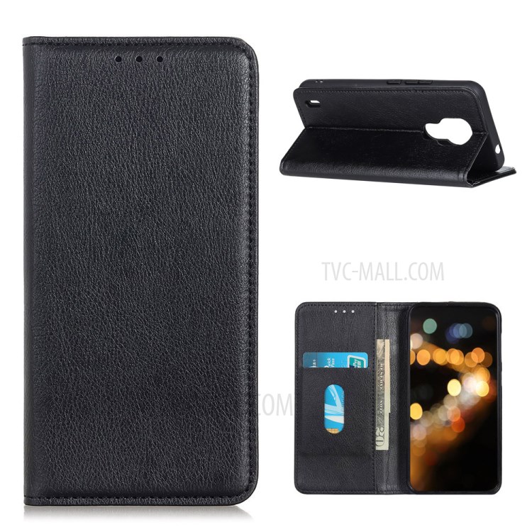 Auto-absorbed Litchi Grain TPU + Split Leather Phone Shell for Motorola Moto E7 - Black-1