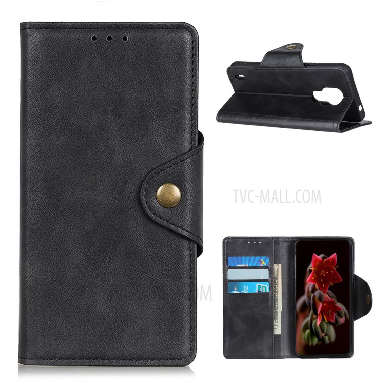 Wallet Leather Stand Brass Magnetic Clasp Case for Motorola Moto E7 - Black-1
