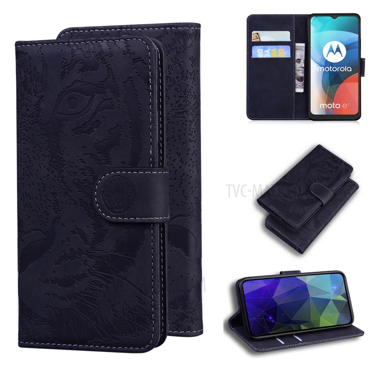 Stand Case for Motorola Moto E7 Imprinted Tiger Pattern Wallet Leather Cover - Black-1
