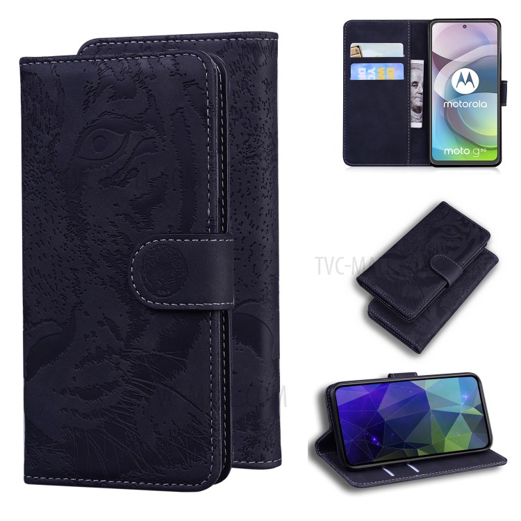 Stand Case Imprinted Tiger Pattern Wallet Leather Cover for Motorola Moto G 5G - Black-1