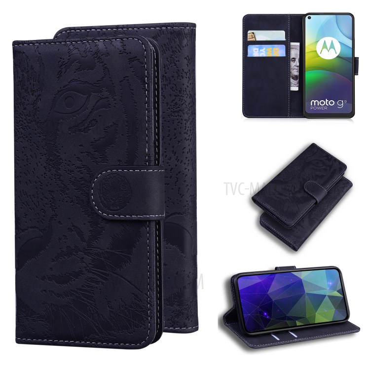 Stand Case for Motorola Moto G9 Power Imprinted Tiger Pattern Wallet Leather Shell - Black-1