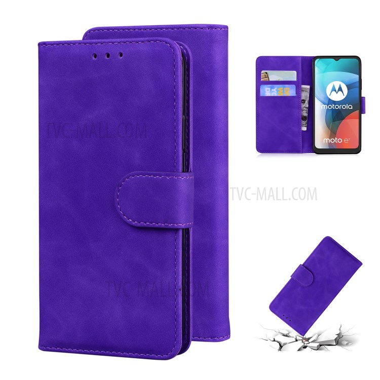 Solid Color Wallet Stand Design Case for Motorola Moto E7 Leather Phone Case - Purple-1