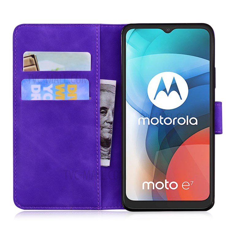 Solid Color Wallet Stand Design Case for Motorola Moto E7 Leather Phone Case - Purple-3