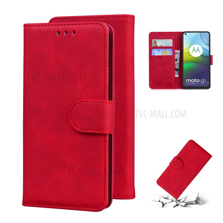 Wallet Stand Plain Leather Phone Case for Motorola Moto G9 Power - Red-1