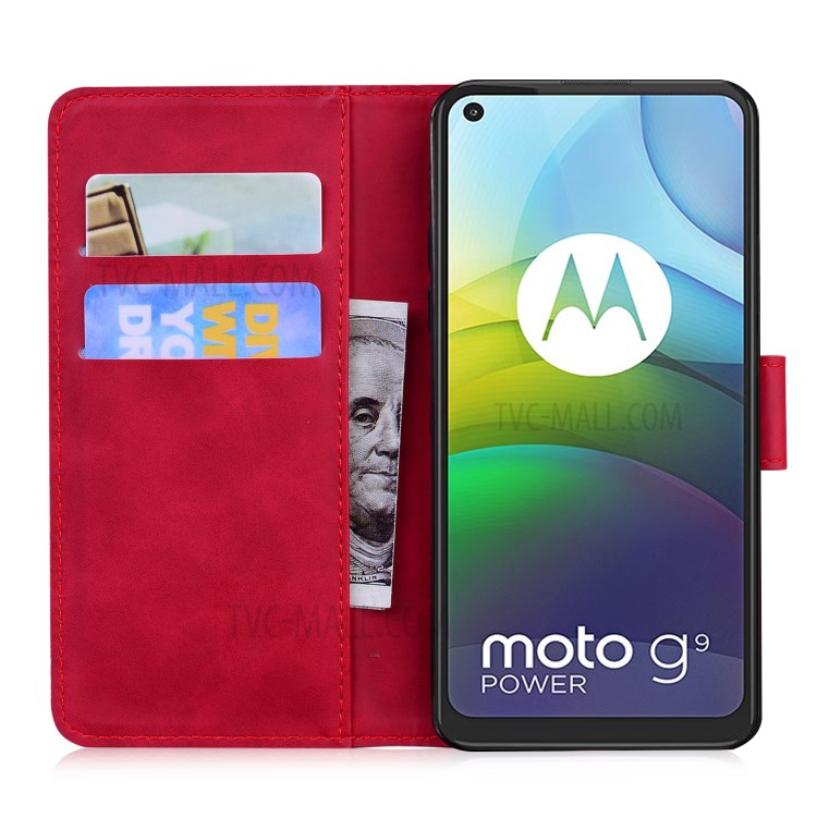 Wallet Stand Plain Leather Phone Case for Motorola Moto G9 Power - Red-3