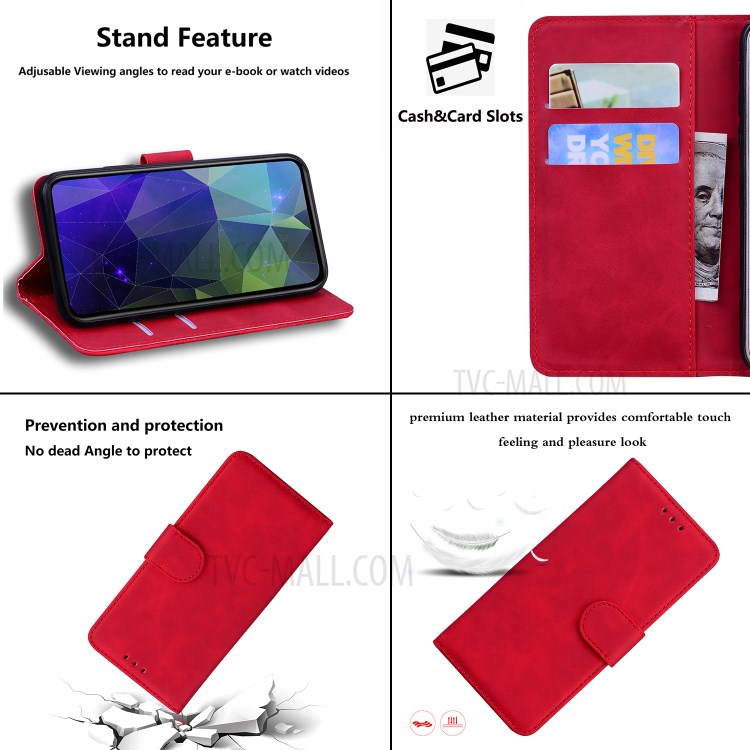 Wallet Stand Plain Leather Phone Case for Motorola Moto G9 Power - Red-9