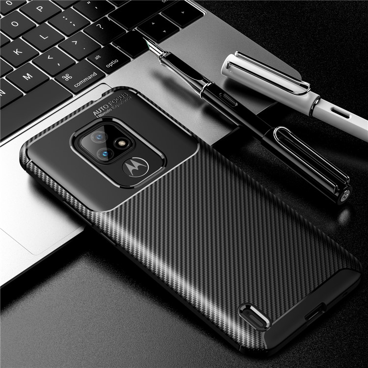 For Motorola Moto E7 2020 Shock Absorption Carbon Fiber Texture TPU Phone Cover Case - Black-12