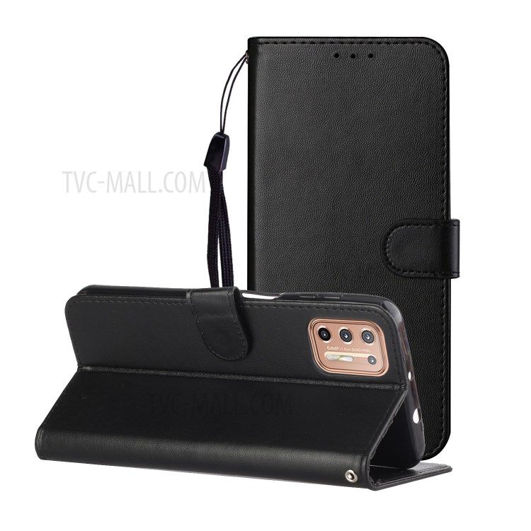 Solid Color Leather Protective Shell Stand Wallet Magnetic Closure Flip Case for Motorola Moto G9 Plus - Black-1