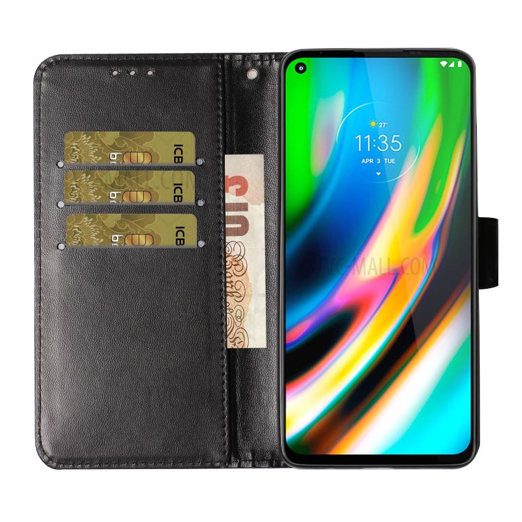 Solid Color Leather Protective Shell Stand Wallet Magnetic Closure Flip Case for Motorola Moto G9 Plus - Black-7