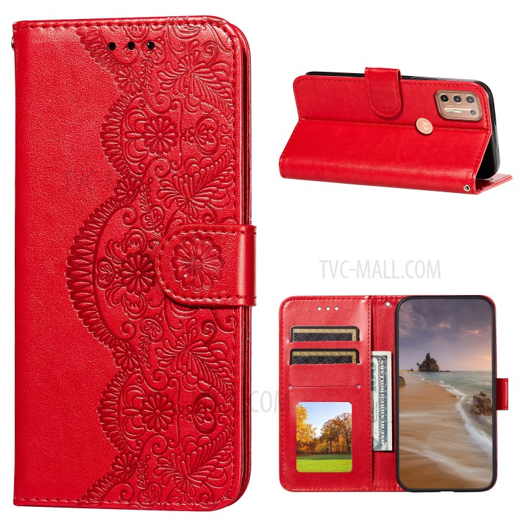 Imprinted Flower Vine Stand Magnet Clasp Wallet Leather Case with Lanyard for Motorola Moto G9 Plus - Red-1
