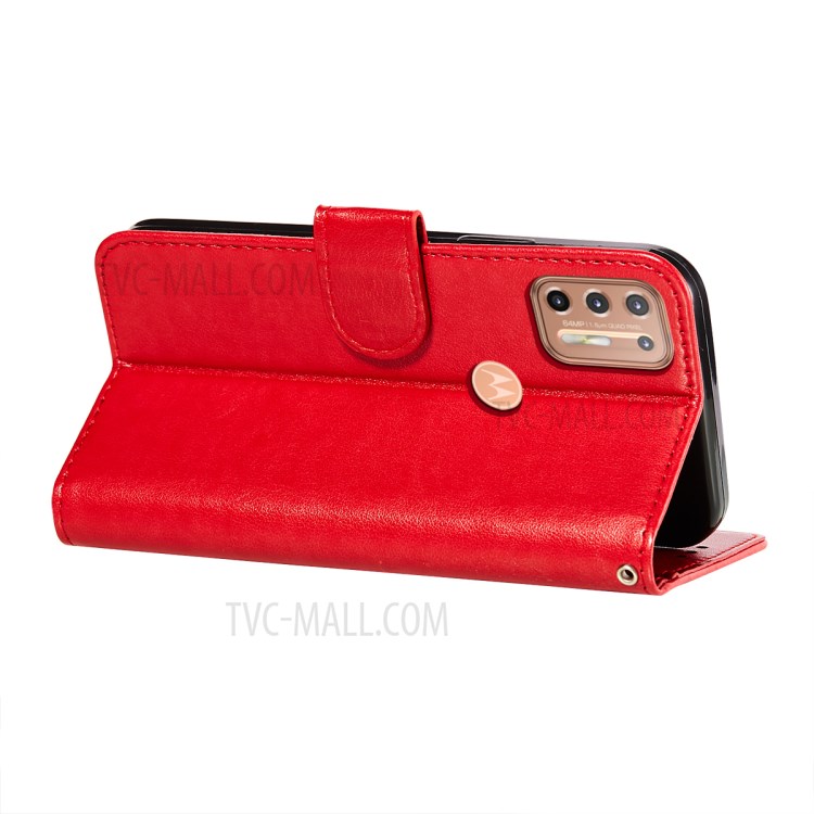 Imprinted Flower Vine Stand Magnet Clasp Wallet Leather Case with Lanyard for Motorola Moto G9 Plus - Red-6
