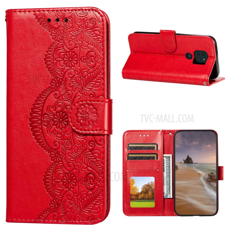 Imprinted Flower Vine Wallet Leather Drop-proof Case with Lanyard for Motorola Moto G9 Play - Red-1