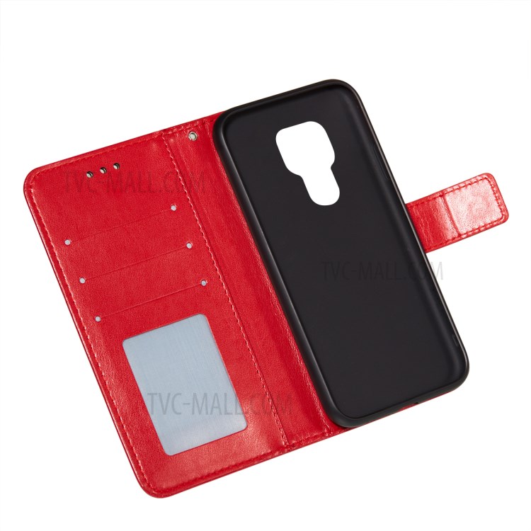 Imprinted Flower Vine Wallet Leather Drop-proof Case with Lanyard for Motorola Moto G9 Play - Red-10