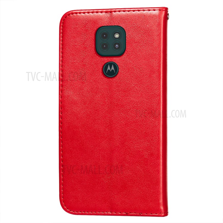 Imprinted Flower Vine Wallet Leather Drop-proof Case with Lanyard for Motorola Moto G9 Play - Red-3