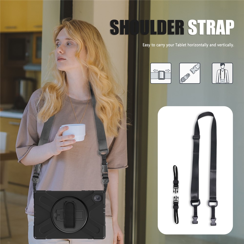PC + Silicone Hybrid Protective Tablet Case with 360 Degree Swivel Kickstand and Hand Strap and Shoulder Strap for Lenovo Tab M10 Plus - Black-5