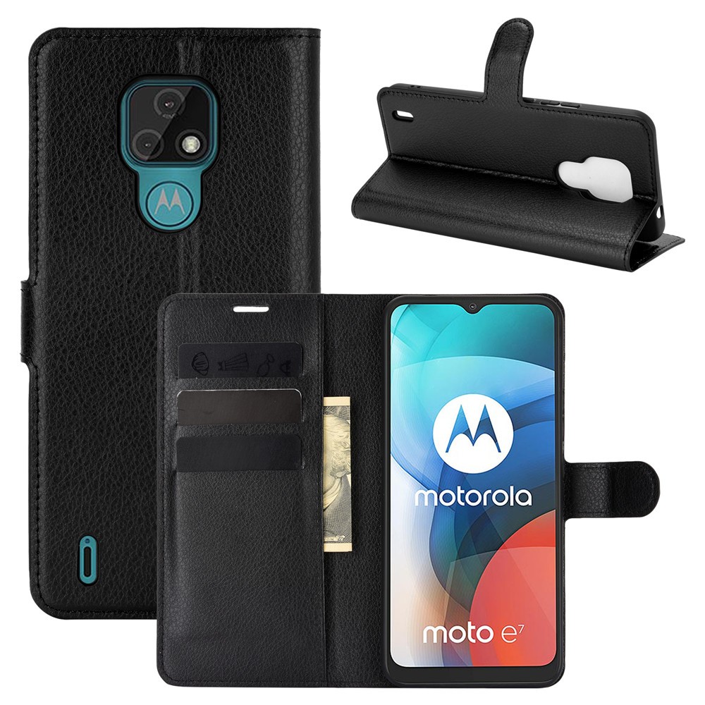 Litchi Texture Leather Phone Protective Cover with Wallet Stand Design for Motorola Moto E7 - Black-1