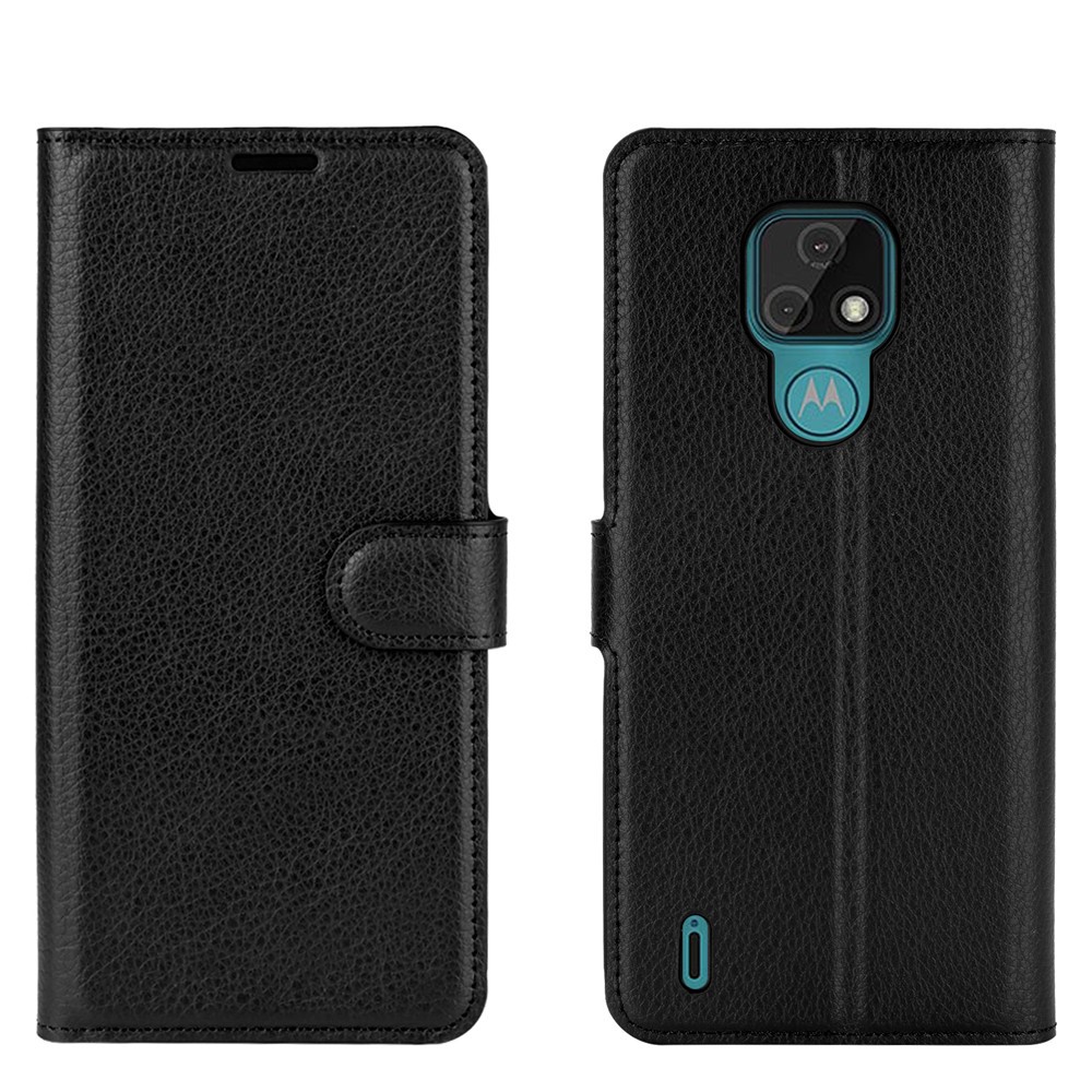 Litchi Texture Leather Phone Protective Cover with Wallet Stand Design for Motorola Moto E7 - Black-2
