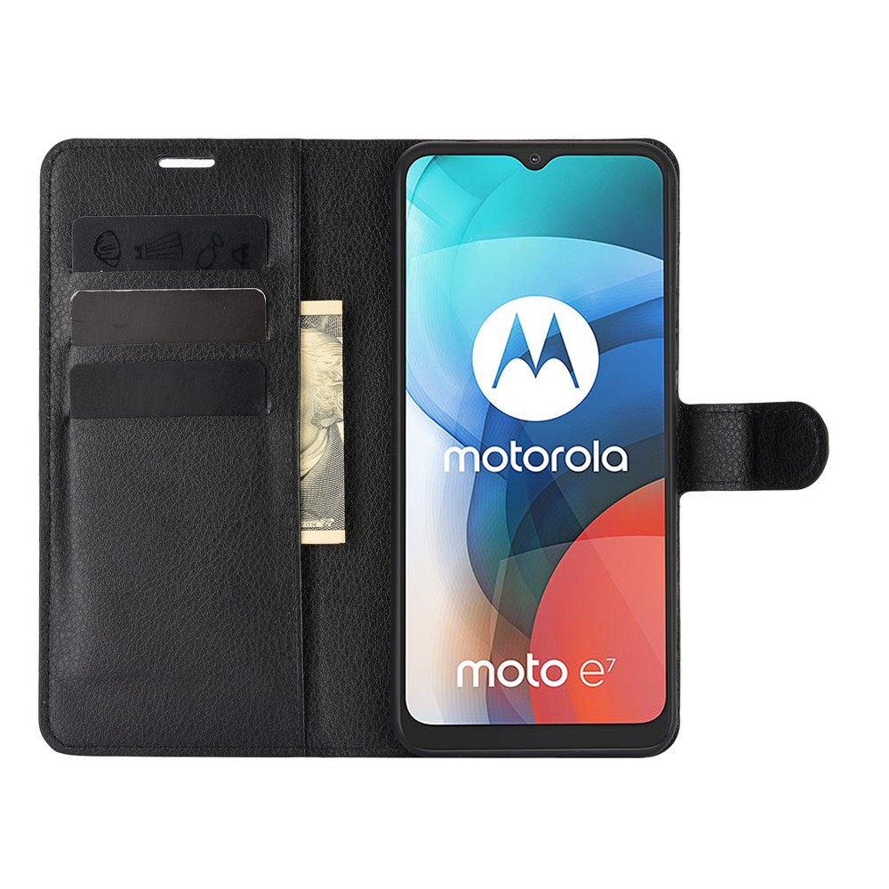 Litchi Texture Leather Phone Protective Cover with Wallet Stand Design for Motorola Moto E7 - Black-4