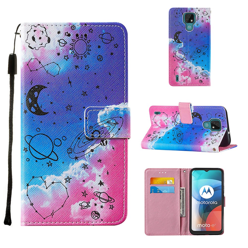 Pattern Printing TPU Shell + PU Leather Cover Phone Stand Cover Case for Motorola Moto E7 - Stars-1