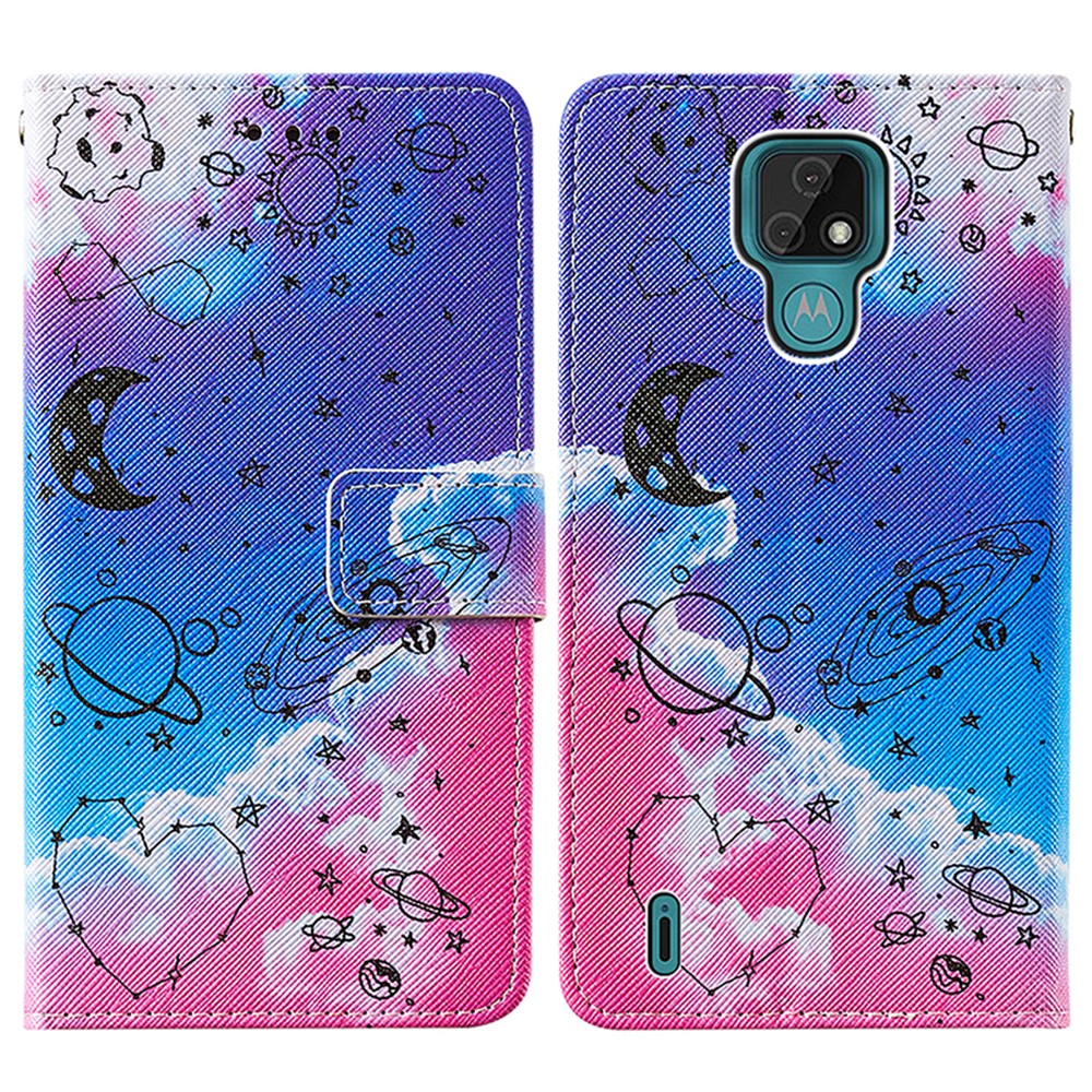 Pattern Printing TPU Shell + PU Leather Cover Phone Stand Cover Case for Motorola Moto E7 - Stars-3