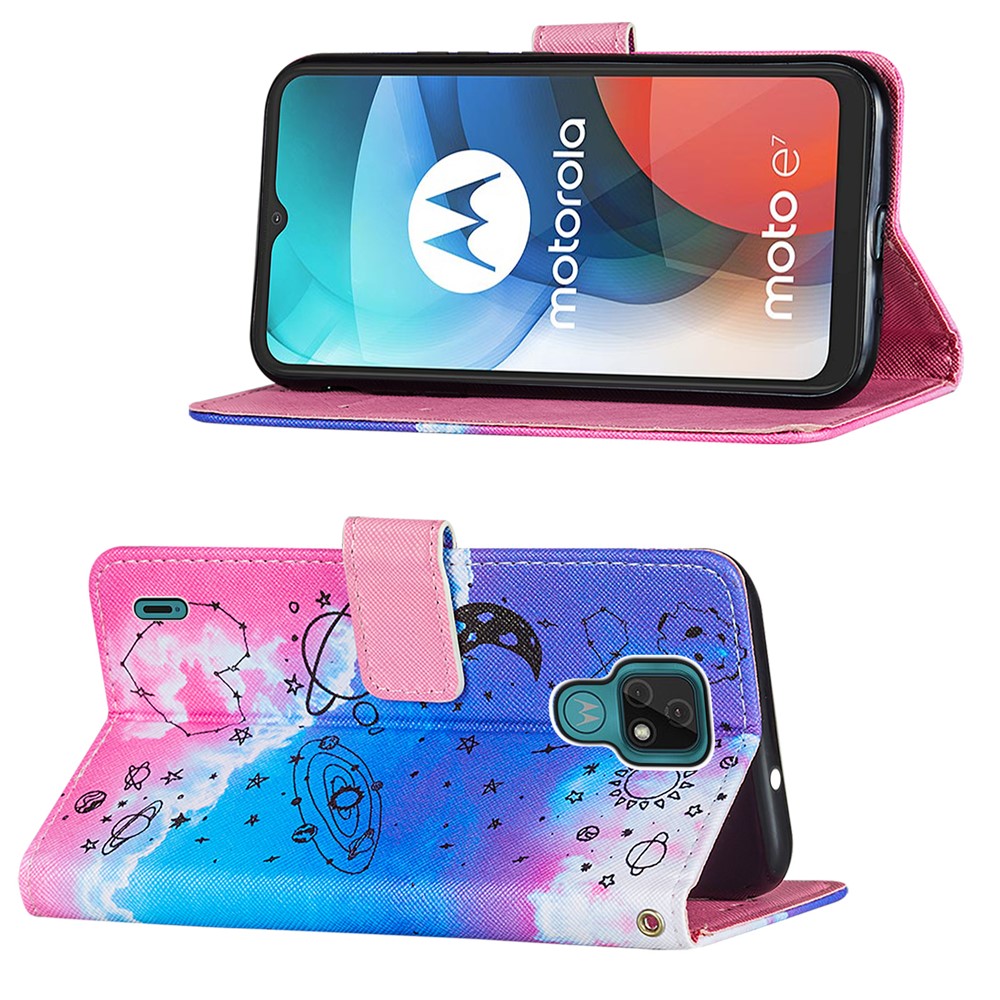 Pattern Printing TPU Shell + PU Leather Cover Phone Stand Cover Case for Motorola Moto E7 - Stars-4