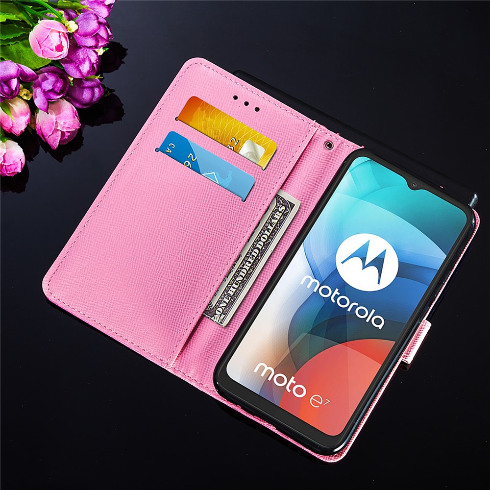 Pattern Printing TPU Shell + PU Leather Cover Phone Stand Cover Case for Motorola Moto E7 - Stars-8