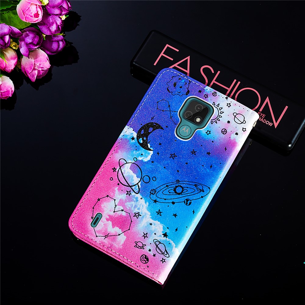 Pattern Printing TPU Shell + PU Leather Cover Phone Stand Cover Case for Motorola Moto E7 - Stars-9