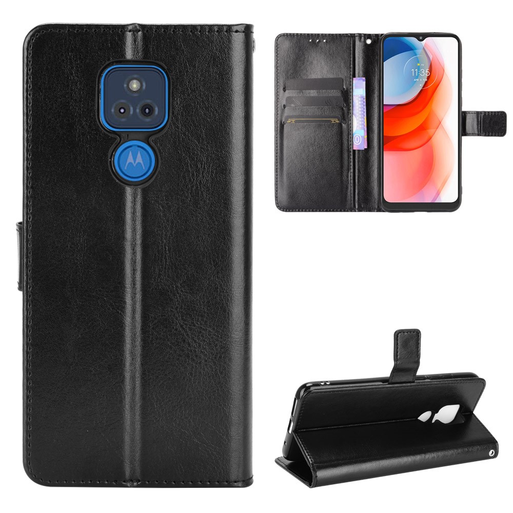 Crazy Horse Skin Leather Wallet Stand Design Phone Cover Shell with Lanyard for Motorola Moto G Play (2021) - Black-1