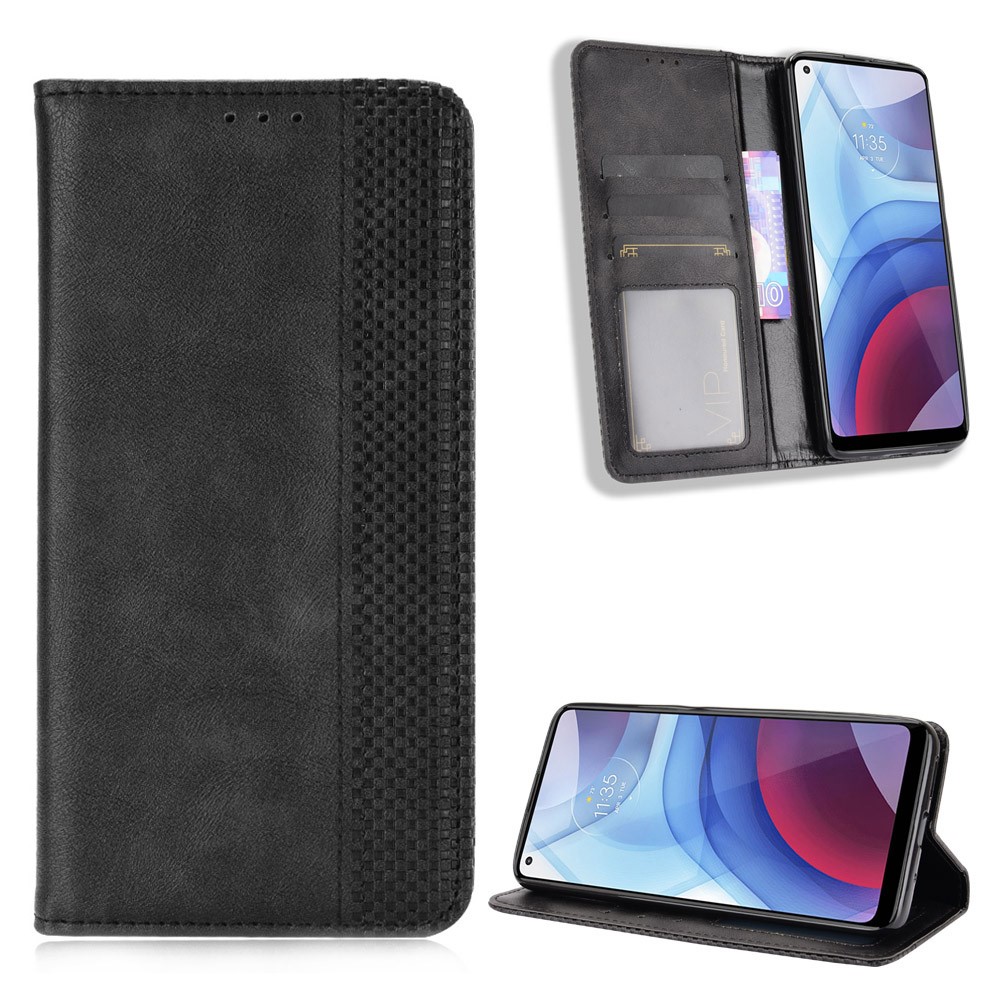 Magnetic Vintage Style Wallet Stand Phone Case Cover for Motorola Moto G Power (2021) - Black-1