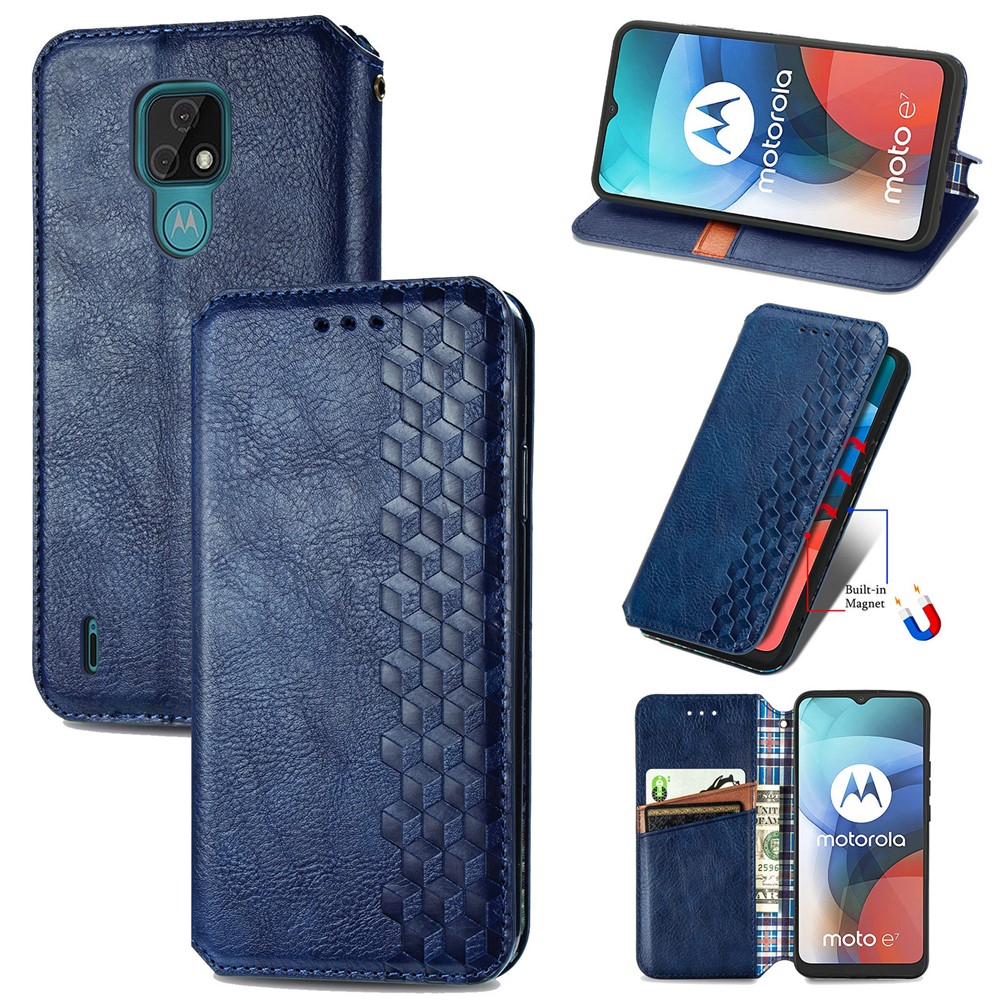 Auto-Absorbed Rhombus Imprinting Leather Phone Cover Case for Motorola Moto E7 - Blue-1