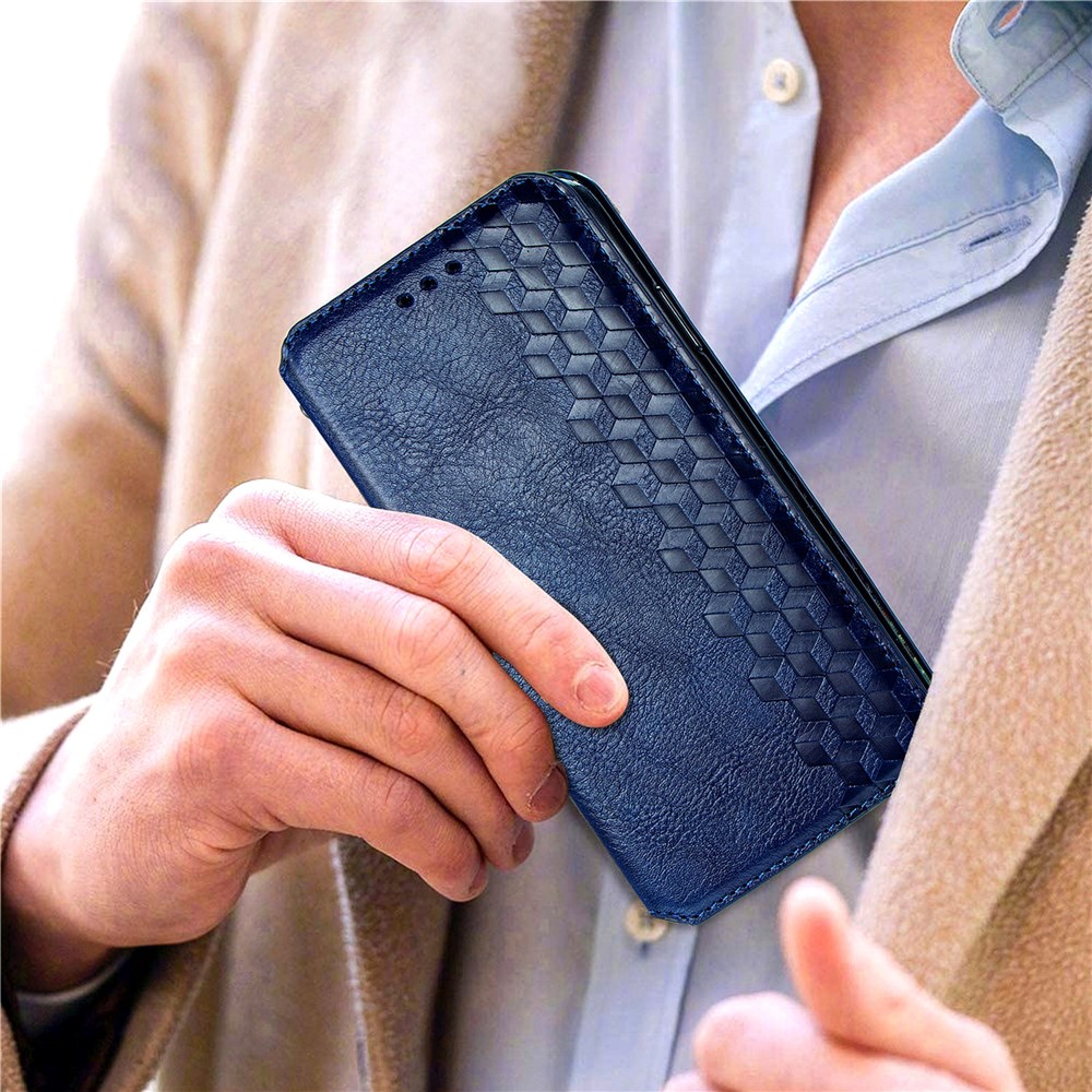 Auto-Absorbed Rhombus Imprinting Leather Phone Cover Case for Motorola Moto E7 - Blue-10